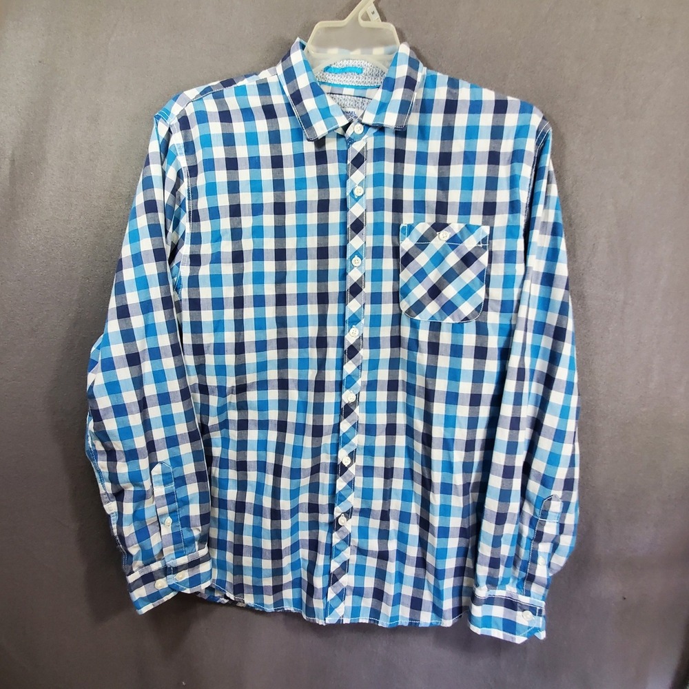 Michael Brandon Mens Blue Gingham Check Long Sleeve Button Down Shirt Large